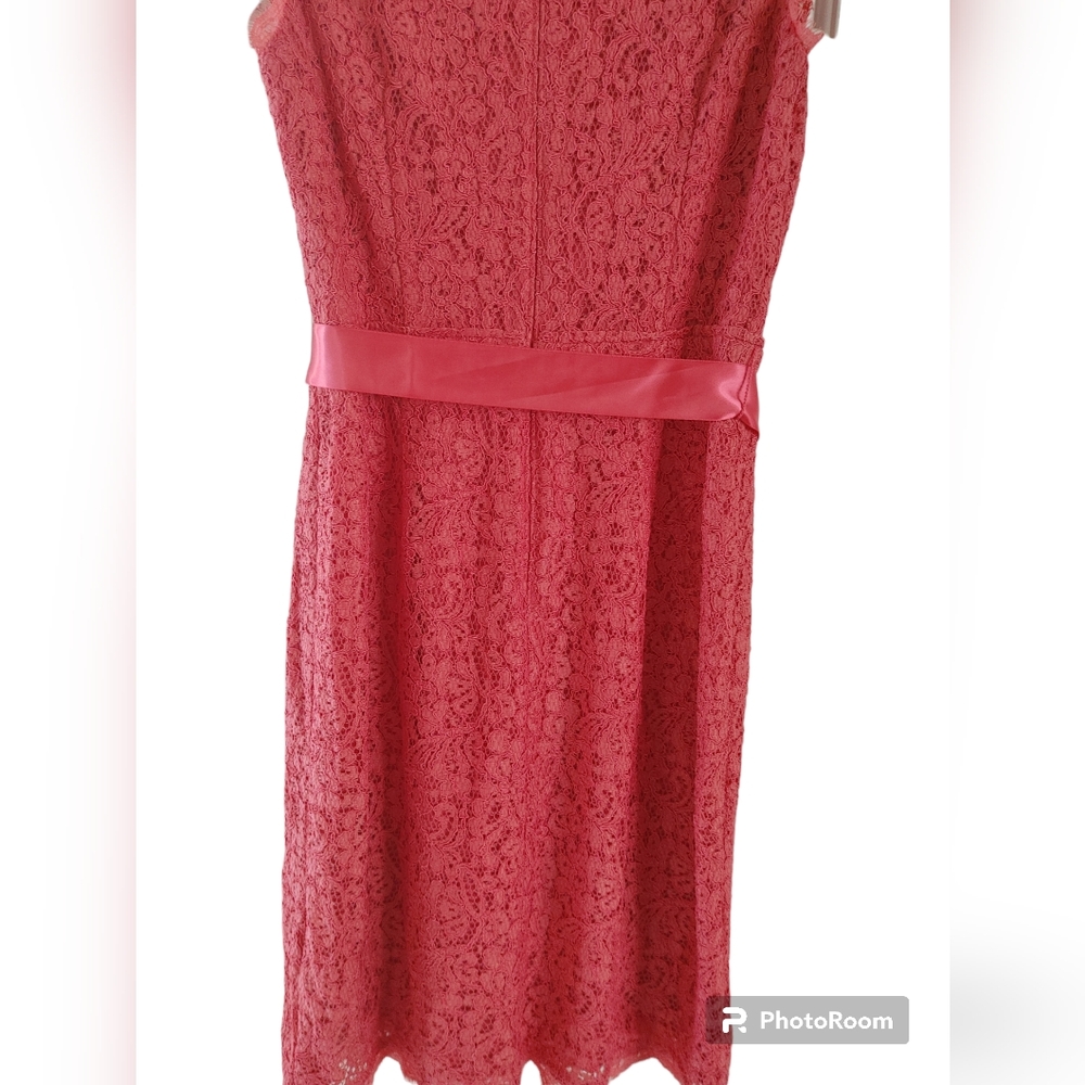 NWOT ADRIANNA PAPELL LACE FAUX WRAP CORAL SHEATH DRESS Size 4 - Picture 10 of 11